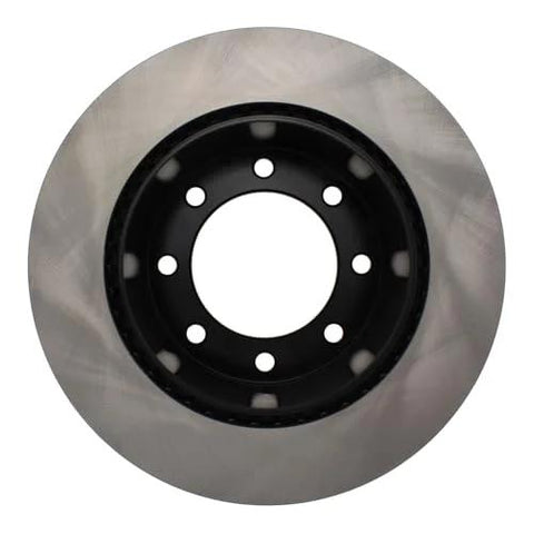 Rear brake rotor, front view; metal disc with black center hub and eight lug holes.