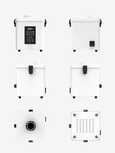 Compact Desktop Solder Fume Extractor With Dual Stage Air Purifier shown from multiple angles, featuring sleek design and control panel.
