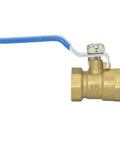 Rock Solid Brass Ball Valve With Blue Lever Handle Designed For Lightning Fast Quarter Turn Plumbing Flow Control And A Tough As Nails Corrosion Resistant Female Thread Setup, side view showing blue handle.
