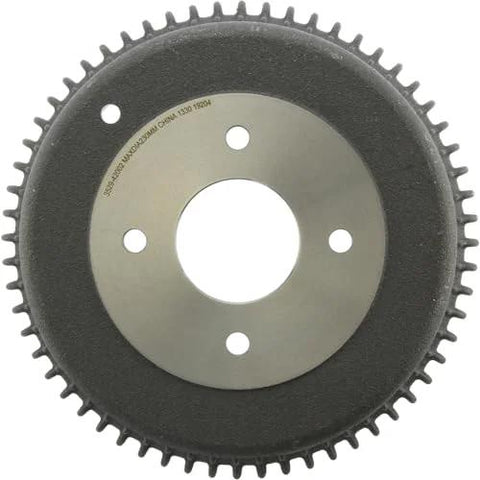 Front view of Centric 123.42002 C-Tek rear brake drum; metal hub with center bore and mounting holes, black toothed ring.