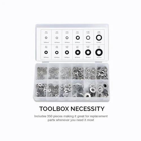 NEIKO 50400A stainless steel lock and flat washer assortment in a plastic case; 350-piece set, 12 sizes.