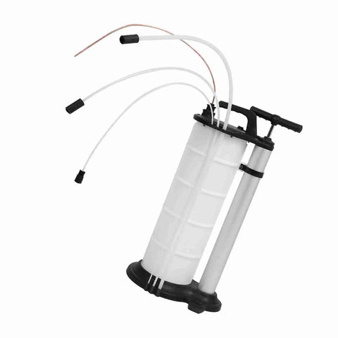 Easy Grip Hand Operated Oil Pump For Quick Engine Fluid Extraction With Suction Hose And Smooth Manual Action, 9L capacity, white and black, with flexible hoses.