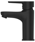Side view of Dope Matte Black Single Hole Bathroom Sink Faucet, One Handle Design With Push And Seal Drain, NSF Certified