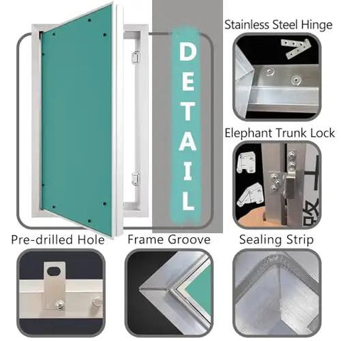 Detail features of the No Sweat Bifold Magnetic Access Panel Door For Drywall, highlighting hinge, lock, groove, and pre-drilled holes.