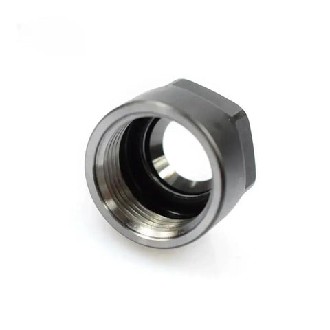 Get This Heavy Duty 2Pc CNC ER OzNut Collet Set With High Hardness And Amazing Impact Resistance Perfect For Your Drill Lathe Or Grinder Machine Making Quick Work Of Any Task. Close up of CNC ER collet with shiny black finish.