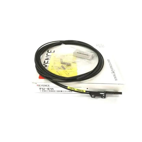 Keyence FU-E11 Optical Fiber Sensor With Area Thrubeam, 11 Beam Axes, 2 m Fiber Unit shown coiled with packaging and accessories.