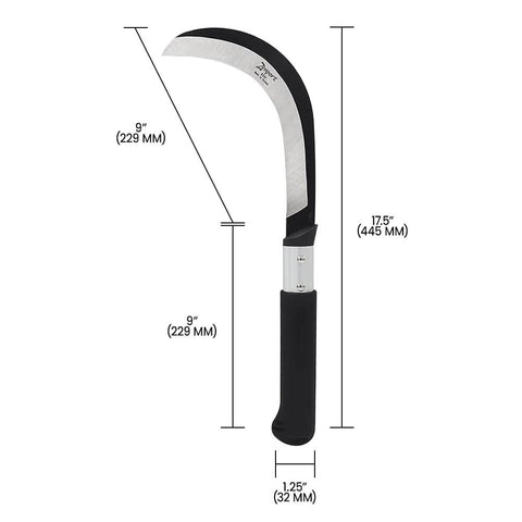 K310 Brush Clearing Sickle With 9 Inch SK5 Japanese High Carbon Steel Blade And 9 Inch Aluminum Handle shown with dimensions