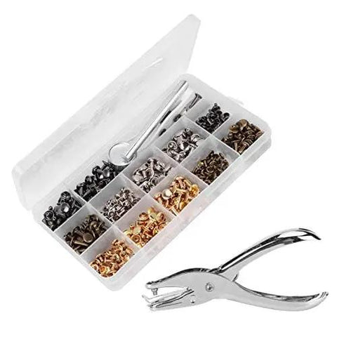 Heavy Duty Double Sided Rivet Plier Kit With 240 Piece Leather Snap Fastener Collection and brass press studs in a clear case.
