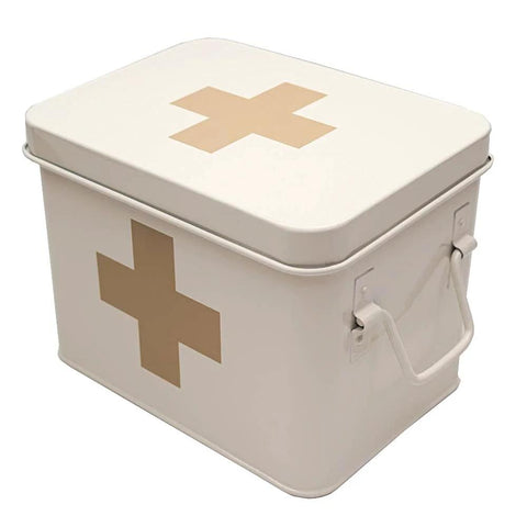 Lassos Boutique retro enameled first aid box with lid and removable tray, white with beige cross.