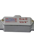 Front view of silver explosion-proof aluminum electrical junction box with Ex e II G3/4 thread conduit.