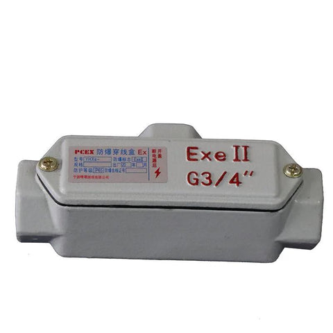 Front view of silver explosion-proof aluminum electrical junction box with Ex e II G3/4 thread conduit.