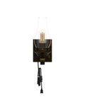 Totally Solid Plug In Oil Rubbed Bronze Wall Sconce Featuring Hand Painted Kerosene Lamp Silhouette And Warm Glowing Amber Glass, 4.6x12 inch size.