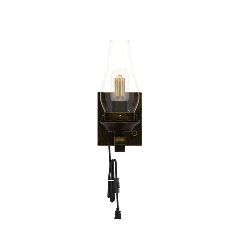 Totally Solid Plug In Oil Rubbed Bronze Wall Sconce Featuring Hand Painted Kerosene Lamp Silhouette And Warm Glowing Amber Glass, 4.6x12 inch size.