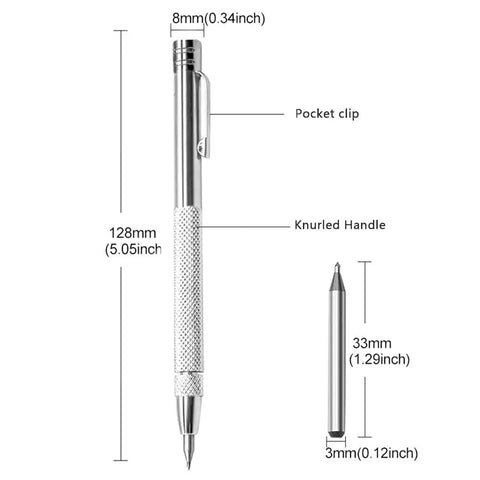 Top Shelf Heavy Duty Tungsten Carbide Scriber Tool With Ridiculously Strong Magnet Plus Twenty Ready Swap Marking Tips For Dead Easy Engraving On Tough Metal Glass Wood Ceramic Surfaces, close-up with size details.