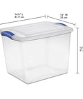 Heavy-Duty Clear Plastic Storage Bins With No-Fuss Blue Latches, 27 Qt Stackable Organizers, dimensions shown.