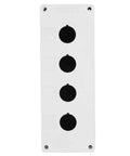 Front view of heavy duty rugged weatherproof switch box for 22 mm push buttons, white ABS with rubber strip, four slots visible