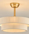 HLMRCHEN Boho Caged Fandelier Ceiling Fan with Light and Remote Control, round gold ceiling light with pleated white shade.