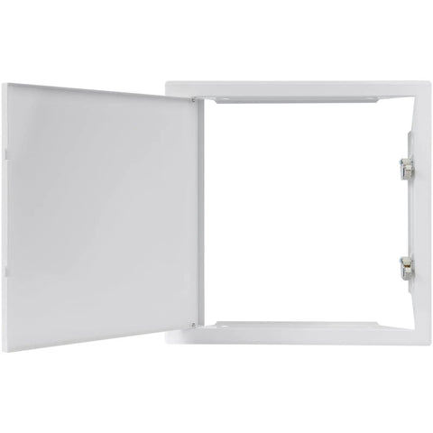 Heavy Duty Galvanized Steel Access Panel For Drywall Ceilings White Wall Cover With Slick Single Hand Latch, open view.