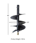 Heavy Duty 24 Inch By 48 Inch Auger Bit For Post Hole Digger With 2 Inch Hex Connect HD Steel Digging Bit Only Built In 6 Inch Boring Head Tooth And Fully Welded Cutting Disk, shown vertically with size measurements.