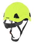 Climbing Style Hard Hat With Chin Strap And Cup Non Vented Construction Helmet in yellow, side view, adjustable strap