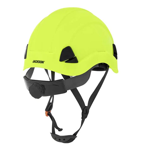 Climbing Style Hard Hat With Chin Strap And Cup Non Vented Construction Helmet in yellow, side view, adjustable strap