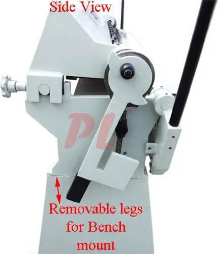 Side view of 80 Inch Pan And Box Brake Bender For Metal Fabrication showing removable legs for benchtop mount.