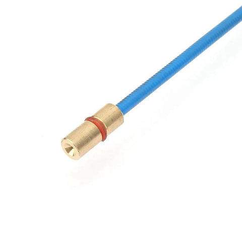 Heavy Duty MIG Wire Supply Tube Compatible With OTC 200A 350A 500A Second Gen Welders Co2 Cold Feed Line Replacement For Tough Job Sites, showing blue reinforced wire with brass fitting.