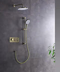 Top Tier Wall Mounted Shower Kit With Rain And Handheld Heads Zero Drip Valve Super Flexible Five Meter Hose No Sweat Installation Durable Chrome Finish Total Bathroom Upgrade For Everyday Ease on a grey tiled wall.