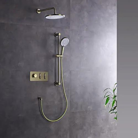 Top Tier Wall Mounted Shower Kit With Rain And Handheld Heads Zero Drip Valve Super Flexible Five Meter Hose No Sweat Installation Durable Chrome Finish Total Bathroom Upgrade For Everyday Ease on a grey tiled wall.