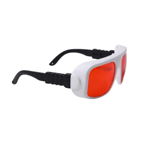 Professional Laser Safety Goggles Featuring Knockout OD7 Defense Against UV And Green Lasers Up To 534 Nm with red lens and black frames.