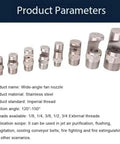 Wide angle fan nozzle sizes made of stainless steel, showing various external thread options and ejection angles for cooling applications.