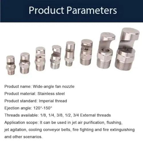 Wide angle fan nozzle sizes made of stainless steel, showing various external thread options and ejection angles for cooling applications.