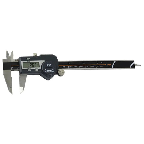 Digital Caliper Measuring Tool IP54 Waterproof Stainless Steel Electronic Caliper with Large LCD Display, 6 Inch 150 Mm, showing LCD screen