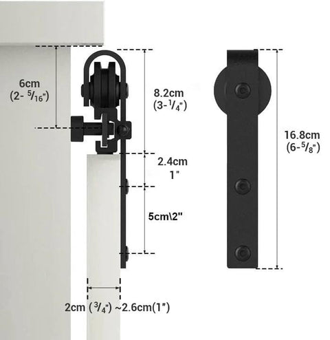 Image showing dimensions of the Two And A Half Foot Sliding Barn Door Hardware Kit For Single Door TV Stands And Small Cabinets J Shaped Hanger System With Carbon Steel Track Frosted Black Finish Stainless Steel Wheel Bearings And Nylon Rollers For Quiet Smooth Operation No Cabinet with detailed measurements.