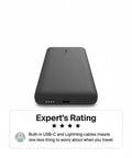 Heavy Duty 10K Portable Charger Power Bank With Integrated Usb C And Lightning Cables To Keep Your Phone Fully Juiced Using Rapid 23W Fast Charging Road Trip Essential shown from the top with light indicators.