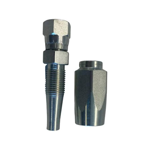 3/8 in JIC hydraulic hose fitting pair: two-piece thread-on male adapter and female cap, metal.