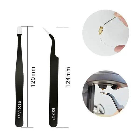 Close-up of Complete 42Pcs 3D Printer Nozzle Cleaning Tool Kit with 2 tweezers, needle cleaning nozzle, black background