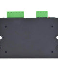 Stepper motor driver module in black housing with two green terminal blocks on top.