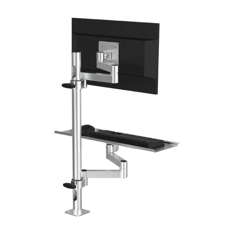 Premium Grade Rock Solid Articulating Monitor And Keyboard Mounting Tray featuring slick dual pivot arms on desk