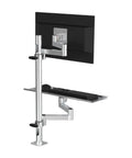 Flexible Articulating Monitor Stand With Pull Out Keyboard Tray For Slick Desk Setup, silver steel, adjustable height with slide-out tray.