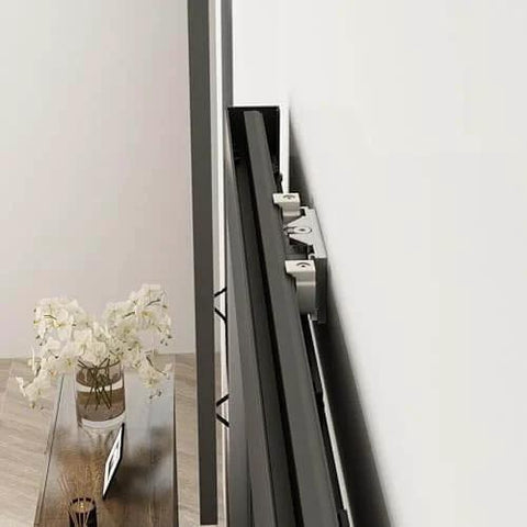 Side view of 40 In X 84 In Full Lite Frosted Glass Black Steel Frame Interior Sliding Barn Door With Hidden Track System