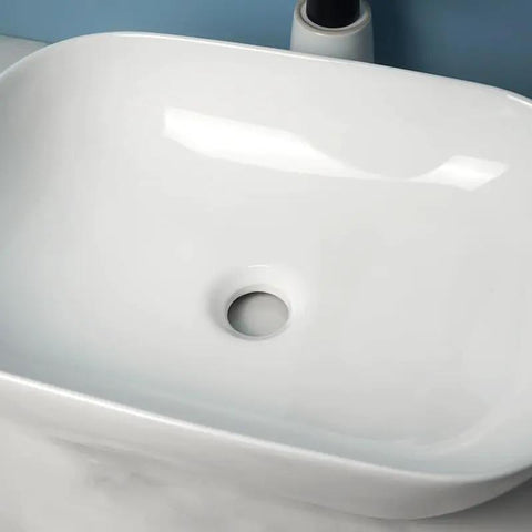 USZWBY Vessel Sinks Square Rounded Corner Simple Sink Ceramic Above Counter Wash Basin close-up view of smooth white ceramic basin.