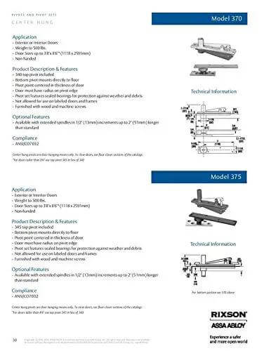 Technical specifications for Center Hung Pivot Door Hinge Set For Interior Or Exterior Doors Up To 3 Ft 8 In Wide By 8 Ft 6 In High Model 370.