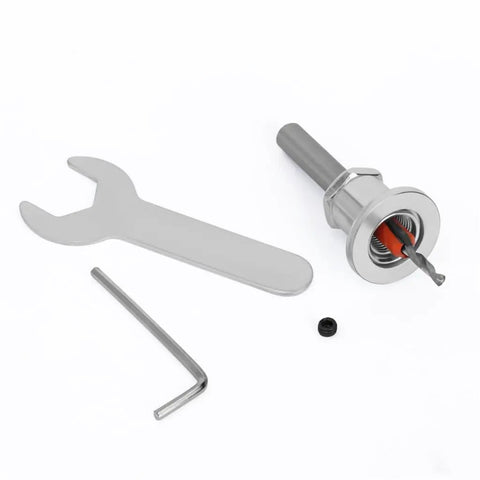 Top Shelf 5Pc Adjustable Depth Stop Countersink Drill Bit Kit For Hardwood, Plywood And Board Installation including a wrench and hex key.