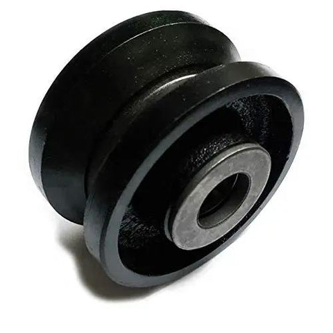 Tough As Nails 4 Inch Steel Roller Bearing V Groove Wheel For Sliding Gate Track With Sealed Bearings 900 Lb Capacity Smooth Rolling Black Finish No Bracket Needed close-up showing black finish and steel construction.