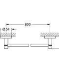 Technical diagram of Essentials 24 Inch Wall Mounted Towel Bar In Starlight Chrome Durable Brass Construction, measurements labeled.