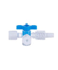 Front view of blue plastic disposable three-way valve stopcock with clear tubing connectors