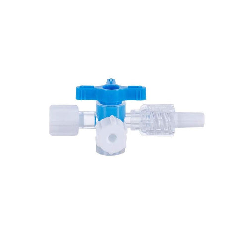 Front view of blue plastic disposable three-way valve stopcock with clear tubing connectors