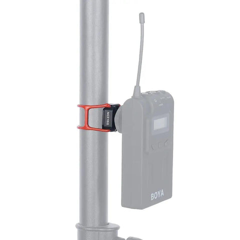 Beast Mode Hot Shoe Mount Adapter with Elastic Rubber Band wraps around light pole, securely holding microphone in place.