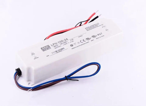 Beefy 100.8W 24V 4.2A Switching Power Supply IP67 Fully Encapsulated Universal AC Input Constant Voltage Minus Ten To Seventy Celsius CE FCC RoHS Certified Industrial Grade PSU For Harsh Environments, white sealed unit